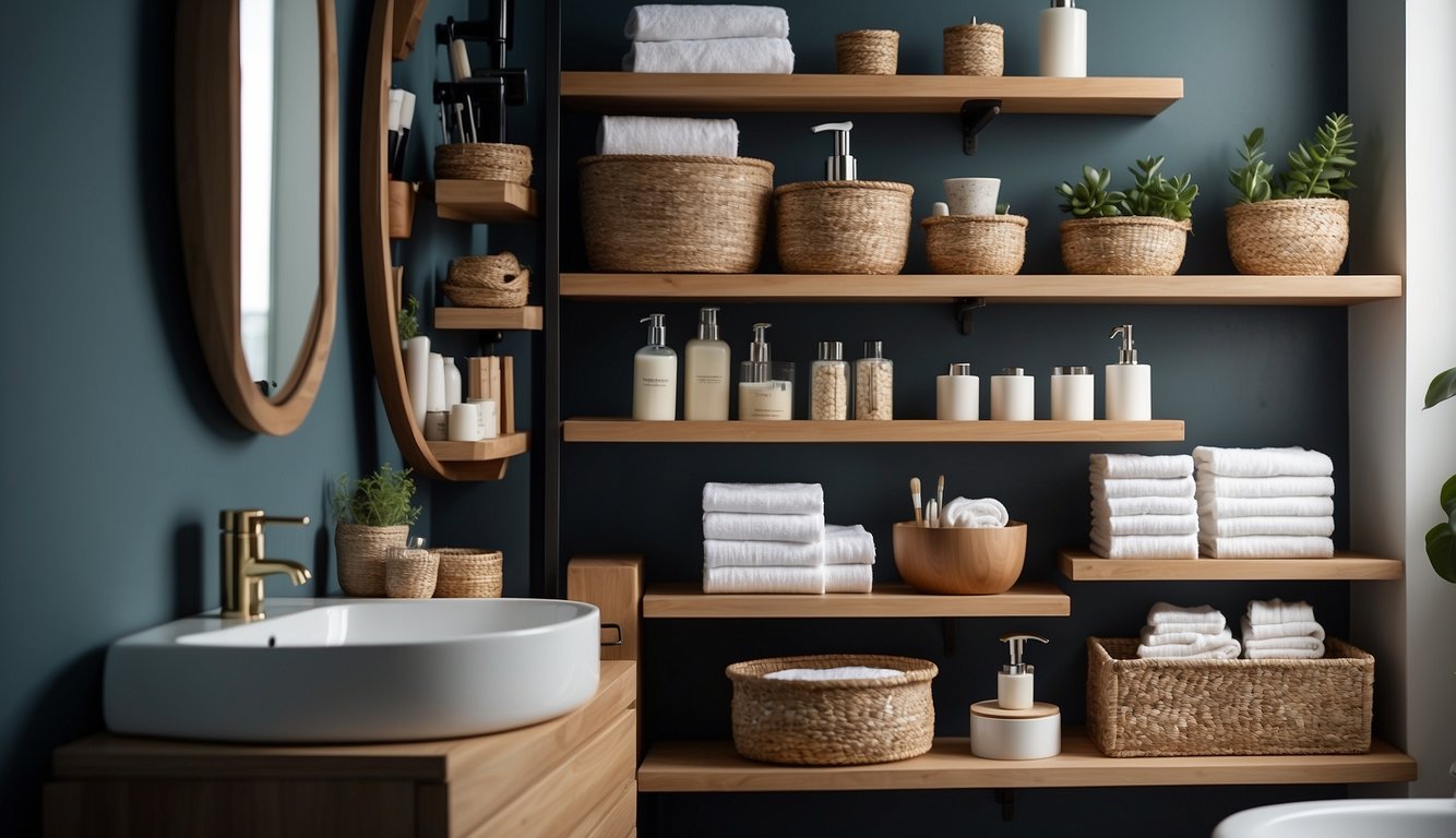A clutter-free bathroom with organized shelves and cabinets, featuring affordable storage solutions like baskets, hooks, and wall-mounted accessories