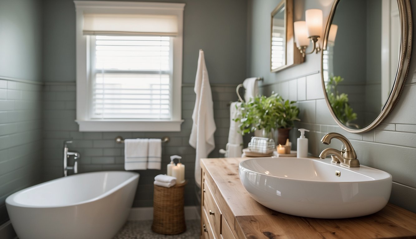 A bathroom with affordable updates: new shower curtain, matching towels, decorative mirror, and budget-friendly accessories on the countertop