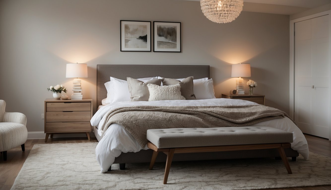 A cozy bedroom with neutral walls, a stylish area rug, and modern lighting. A large, comfortable bed with crisp white linens and a few decorative throw pillows. A small desk or reading nook with a sleek chair and a pop of color in