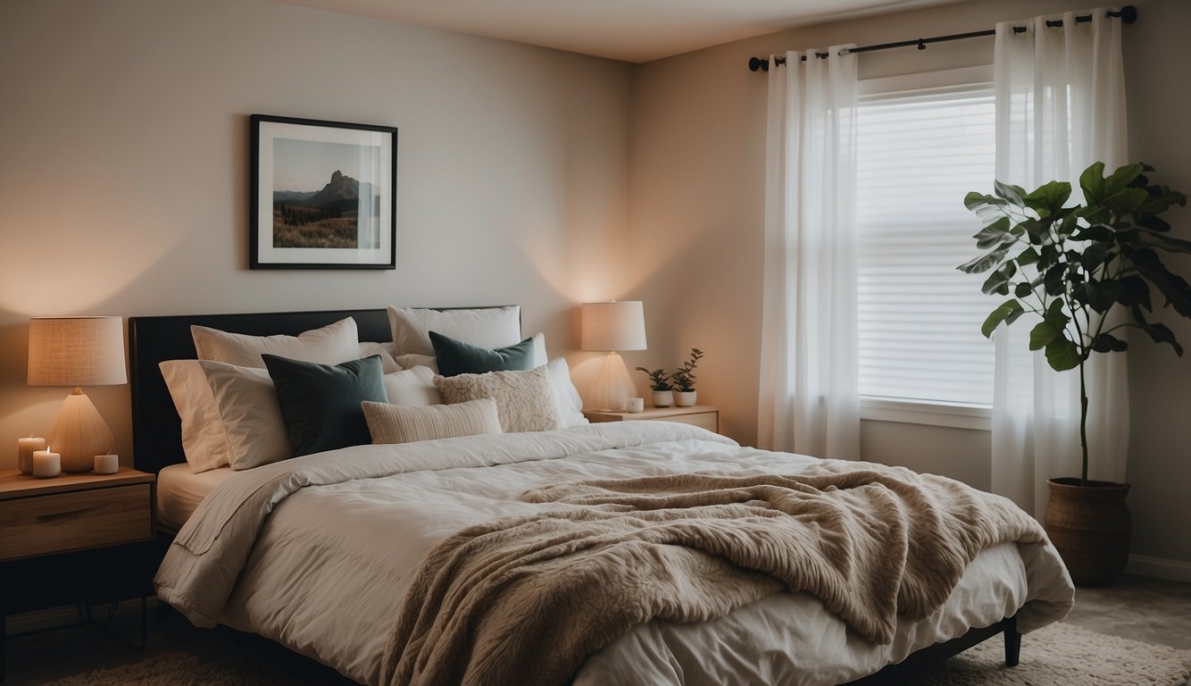 A bedroom with neutral wall colors, a cozy bed with affordable bedding, DIY nightstands, and budget-friendly decor like thrifted art and inexpensive curtains