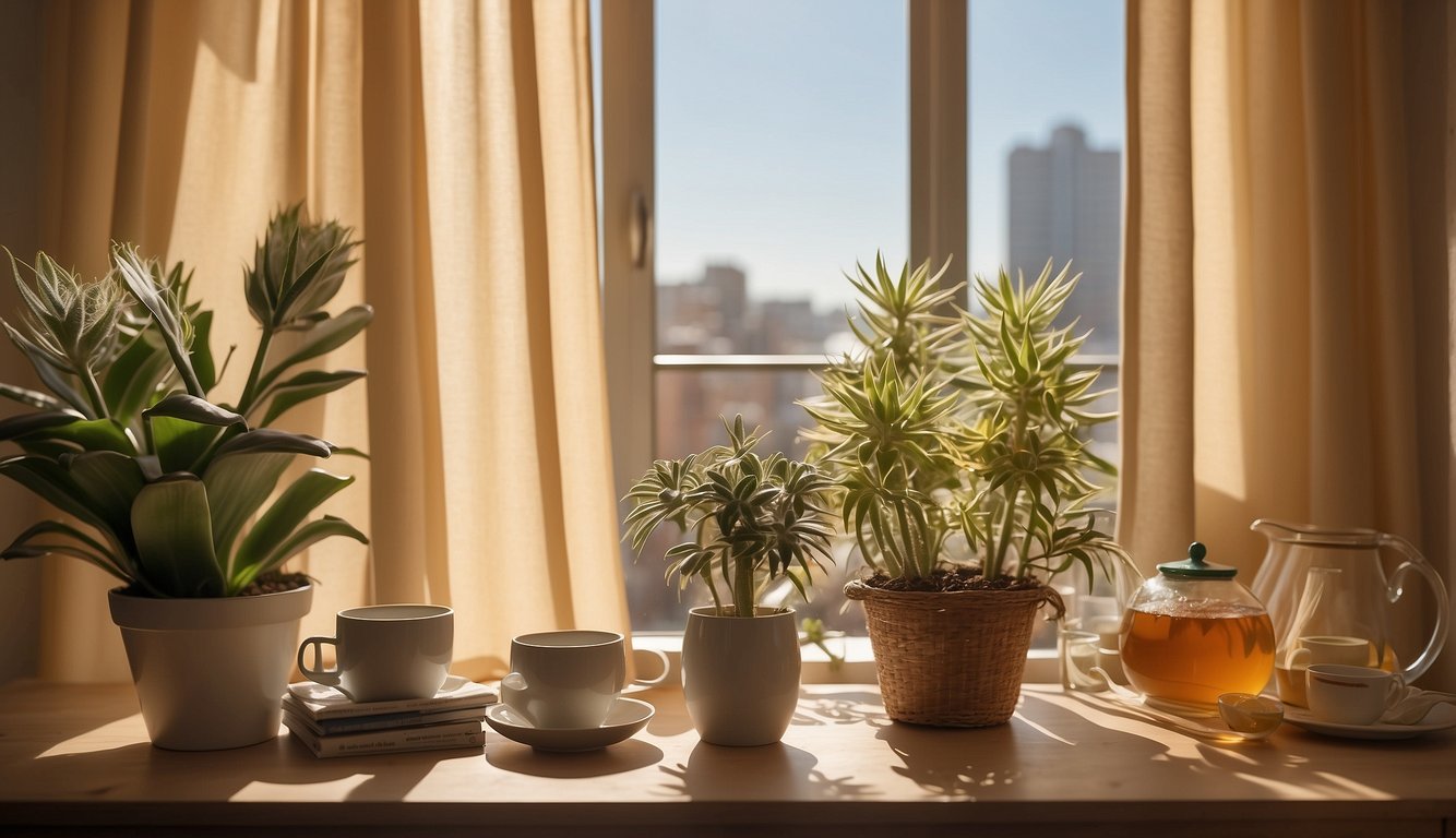 A sunny apartment with open windows, a fan blowing, and light, breathable curtains. A checklist of summer essentials sits on a table, including sunscreen, aloe vera, and a pitcher of iced tea