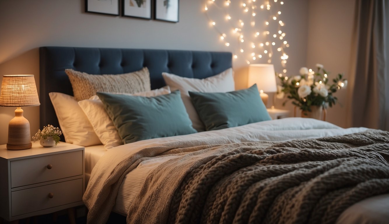 A cozy bedroom with soft, warm lighting from budget-friendly lamps and string lights. The bed is adorned with decorative pillows and a throw blanket, while a small side table holds a vase of fresh flowers