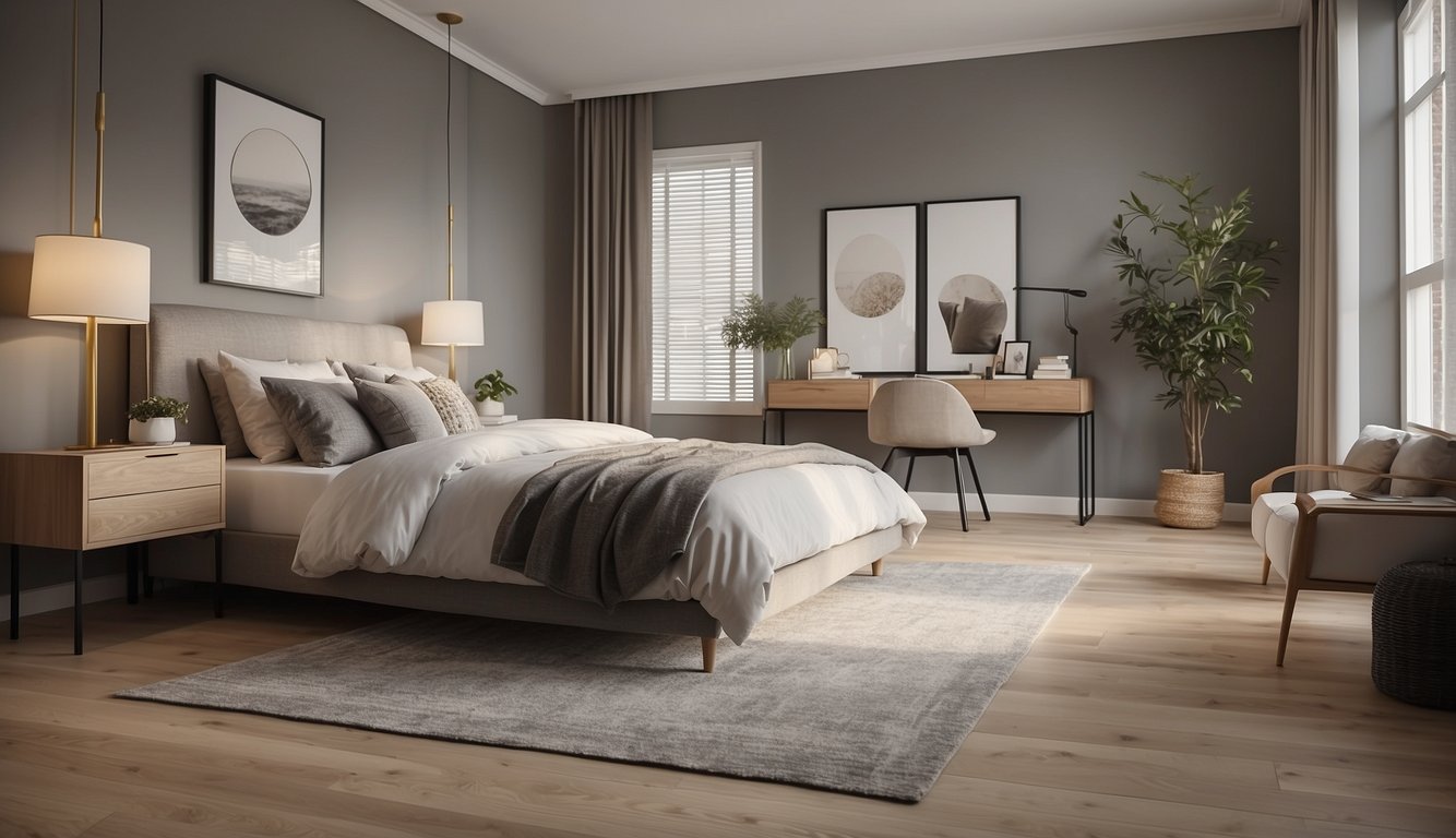 A bedroom with neutral-colored walls and laminate flooring, adorned with budget-friendly decor and furnishings