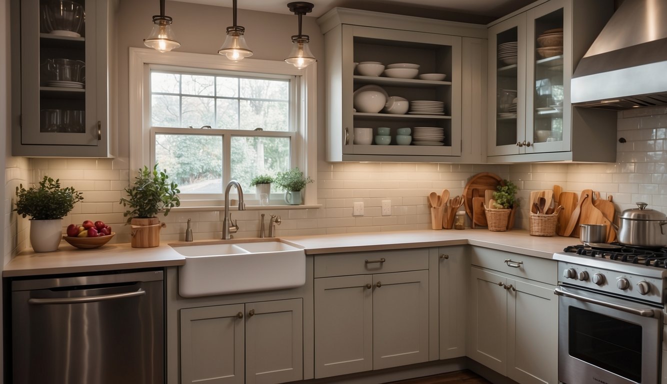 A kitchen with updated cabinetry and shelving, showcasing budget-friendly enhancements