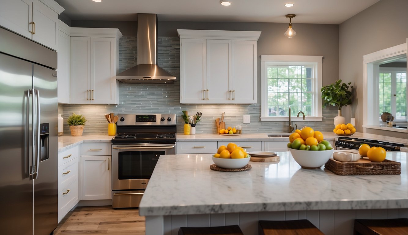 A bright kitchen with new cabinet hardware, fresh paint, and updated lighting. A modern backsplash and sleek countertops complete the look