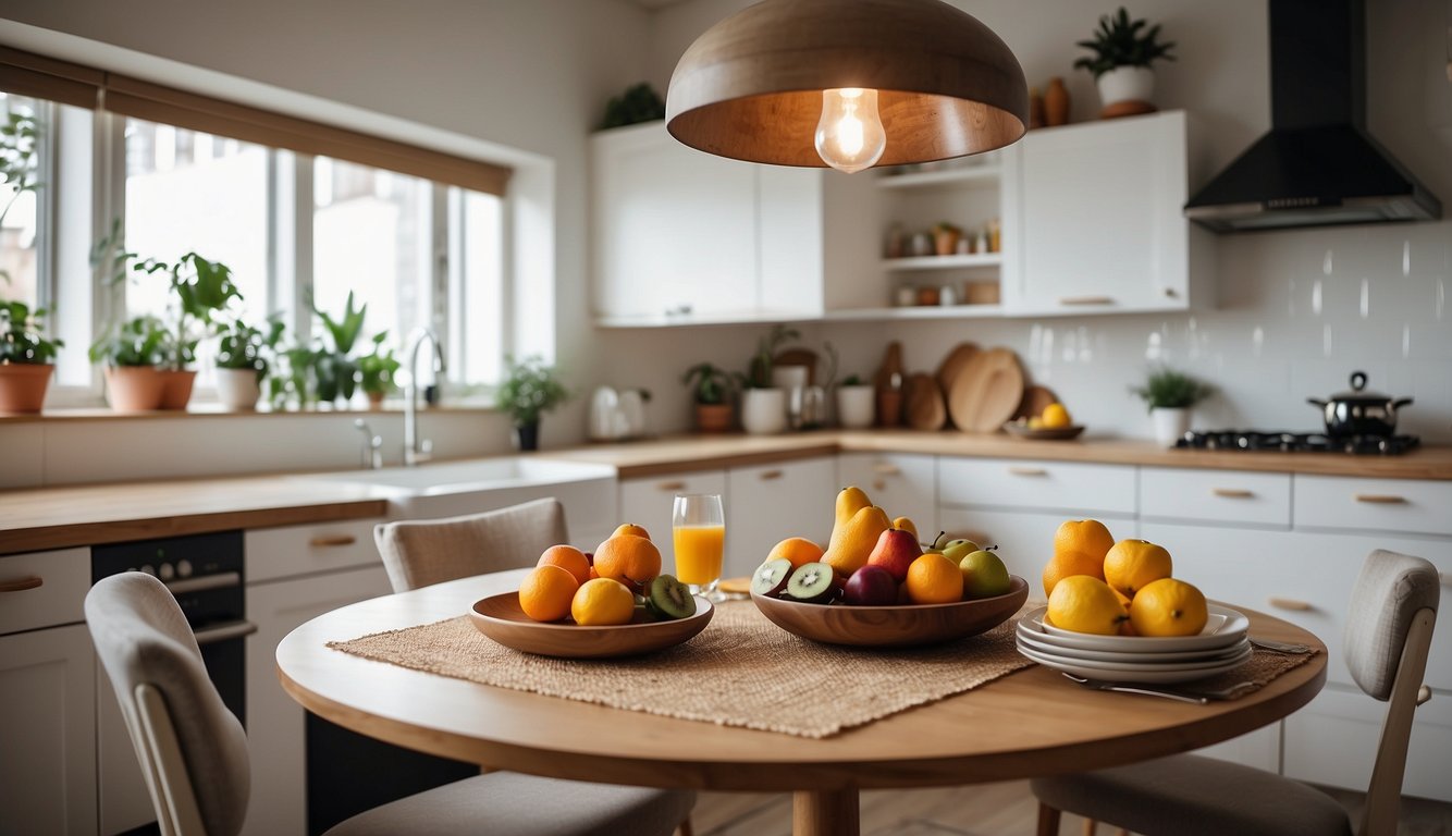 A well-lit kitchen with pendant lights over a cozy dining area, adorned with stylish yet affordable accessories like a decorative fruit bowl and a set of modern placemats