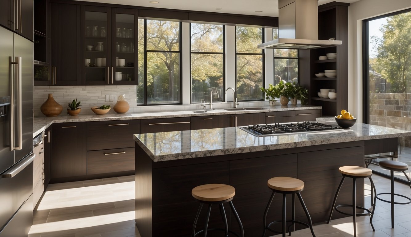 A sleek, modern kitchen with granite countertops, stainless steel appliances, and ample storage space. A warm, inviting atmosphere with natural light streaming in through large windows