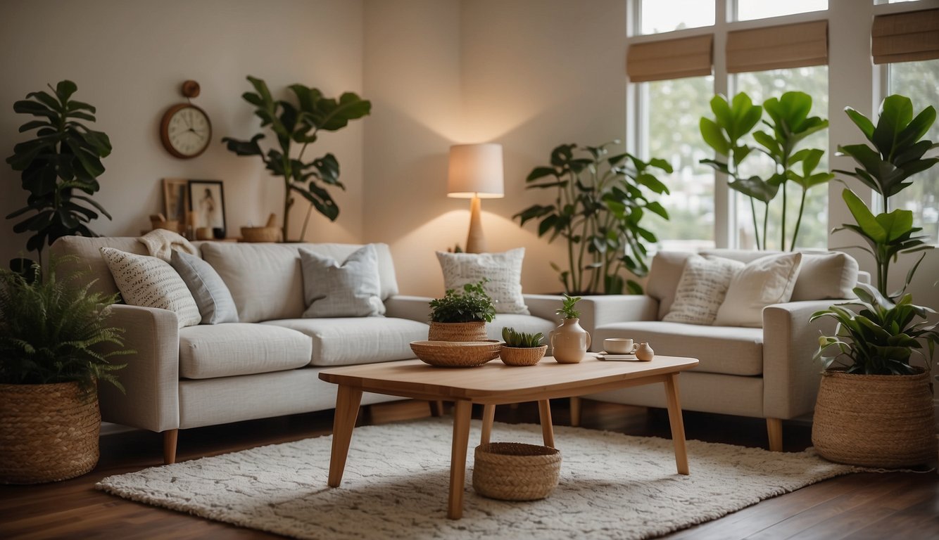 A cozy living room with new throw pillows, a fresh coat of paint, and updated lighting. A modern rug and some potted plants add a touch of warmth to the space