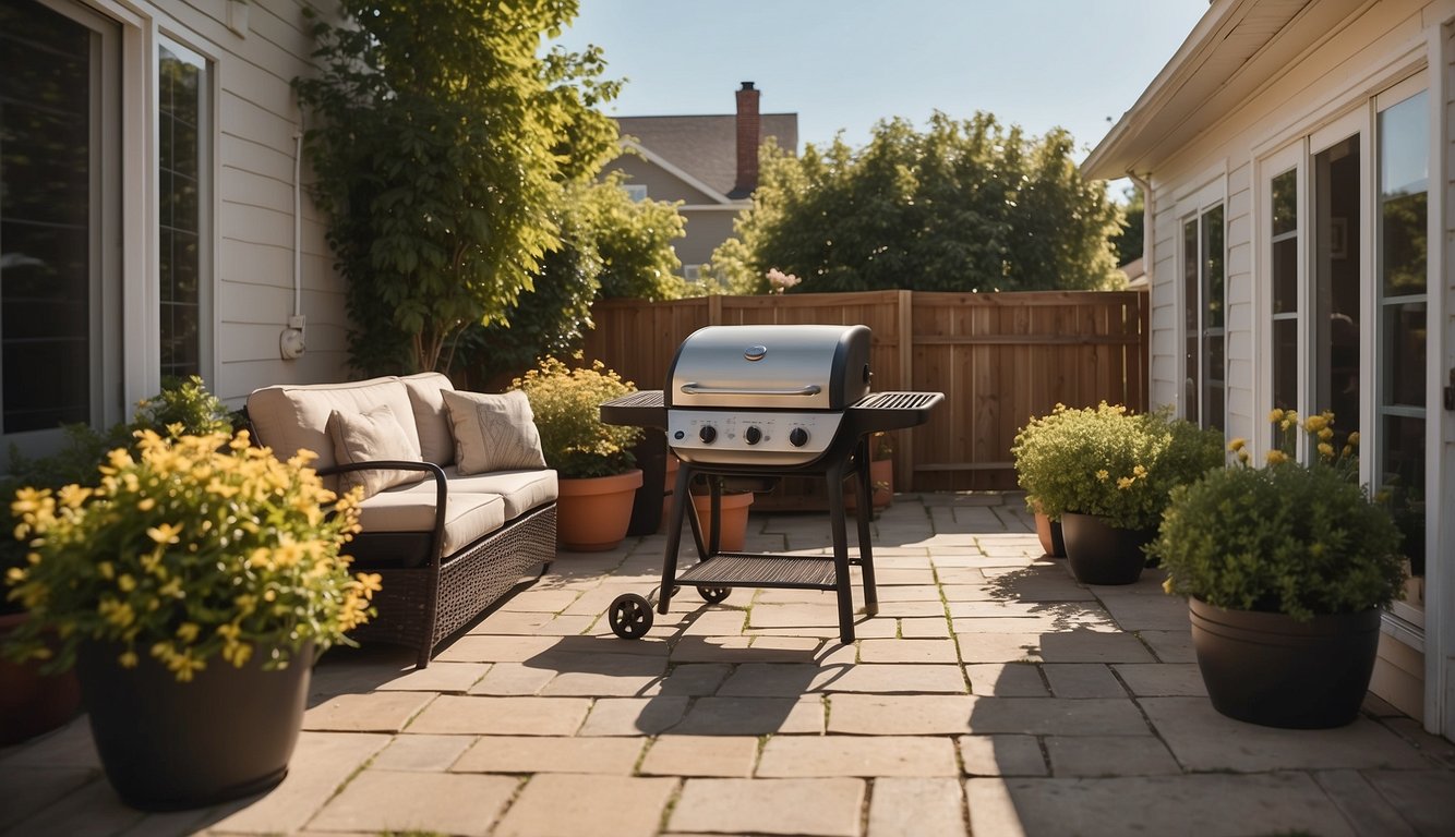 A sunny backyard with a clean, organized patio set, potted plants, and a grill ready for summer barbecues. A checklist of tasks hangs on the wall next to the door