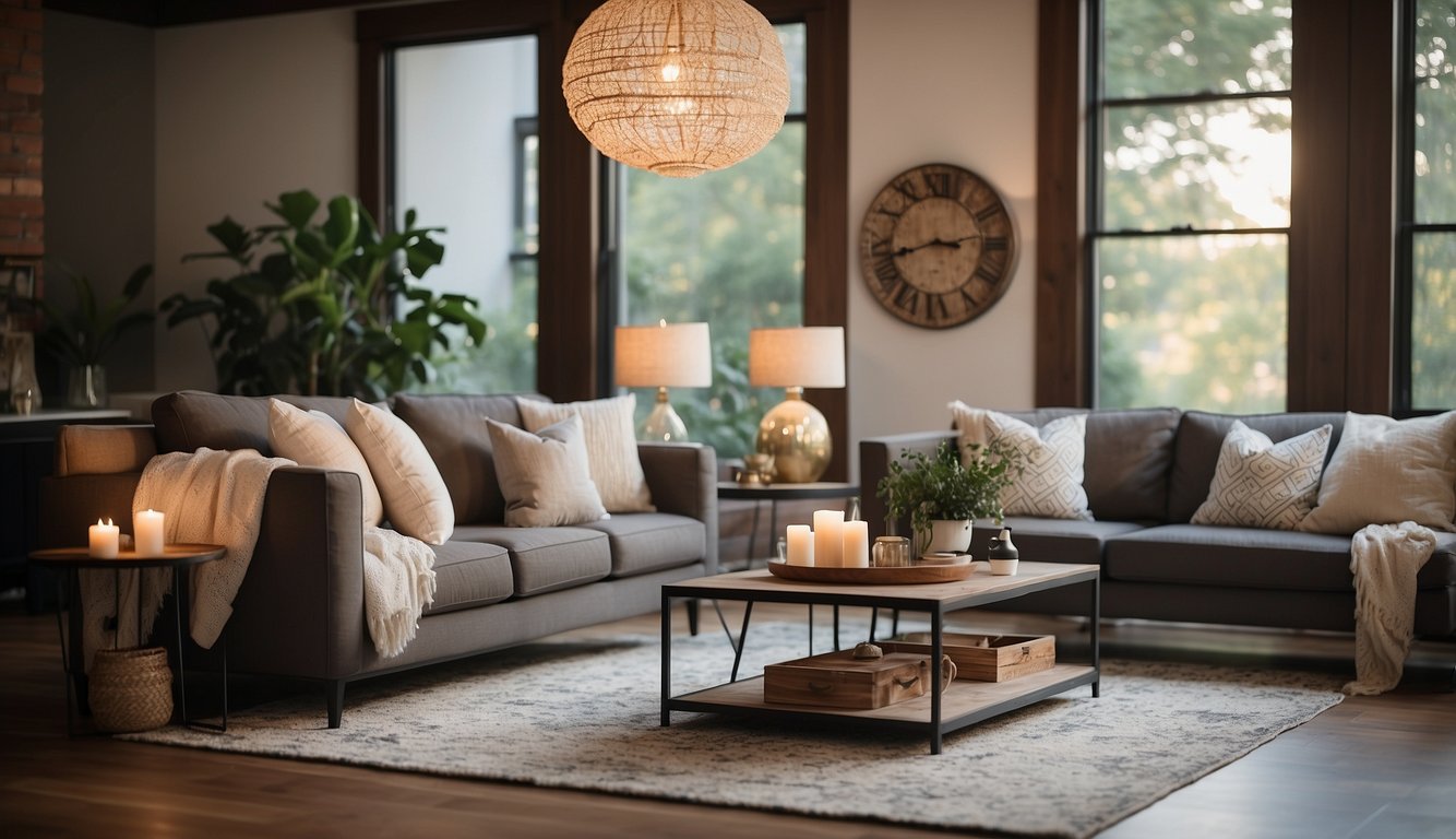 A cozy living room with stylish and functional accessories: throw pillows, a decorative rug, and modern lighting. Budget-friendly updates bring warmth and personality to the space