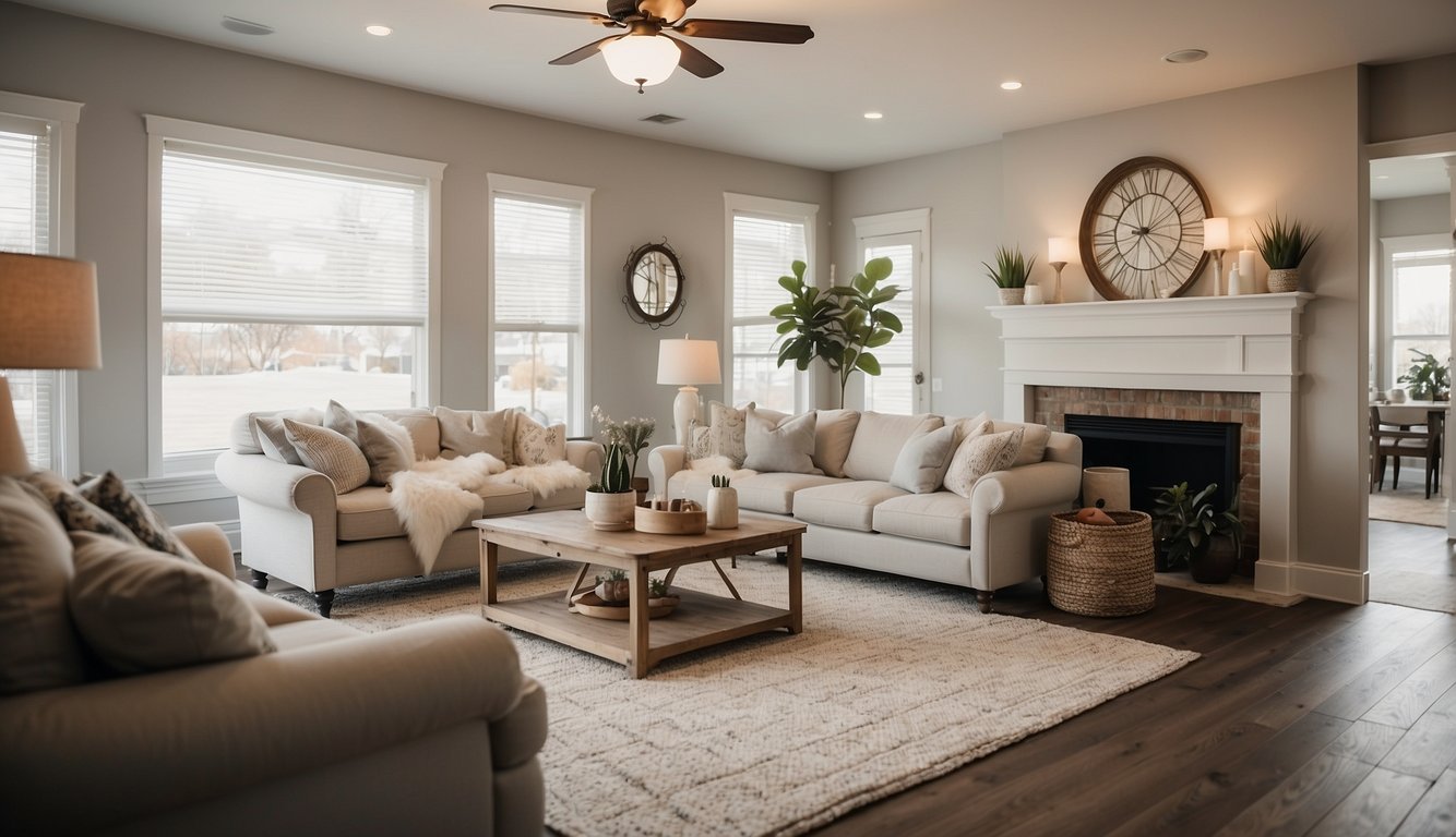 A living room with neutral walls, updated with DIY shiplap paneling. Affordable decor includes a cozy rug and throw pillows. Bright lighting enhances the space