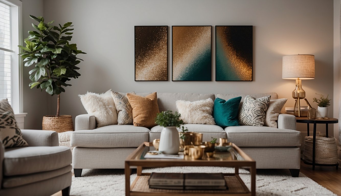 A cozy living room with budget-friendly updates: new throw pillows, a stylish area rug, and a DIY gallery wall. A budget planner and color swatches are spread out on the coffee table