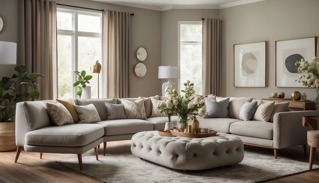 A living room with a fresh coat of paint in a neutral color, accent wall with a stylish wallpaper, and updated decor such as throw pillows and curtains