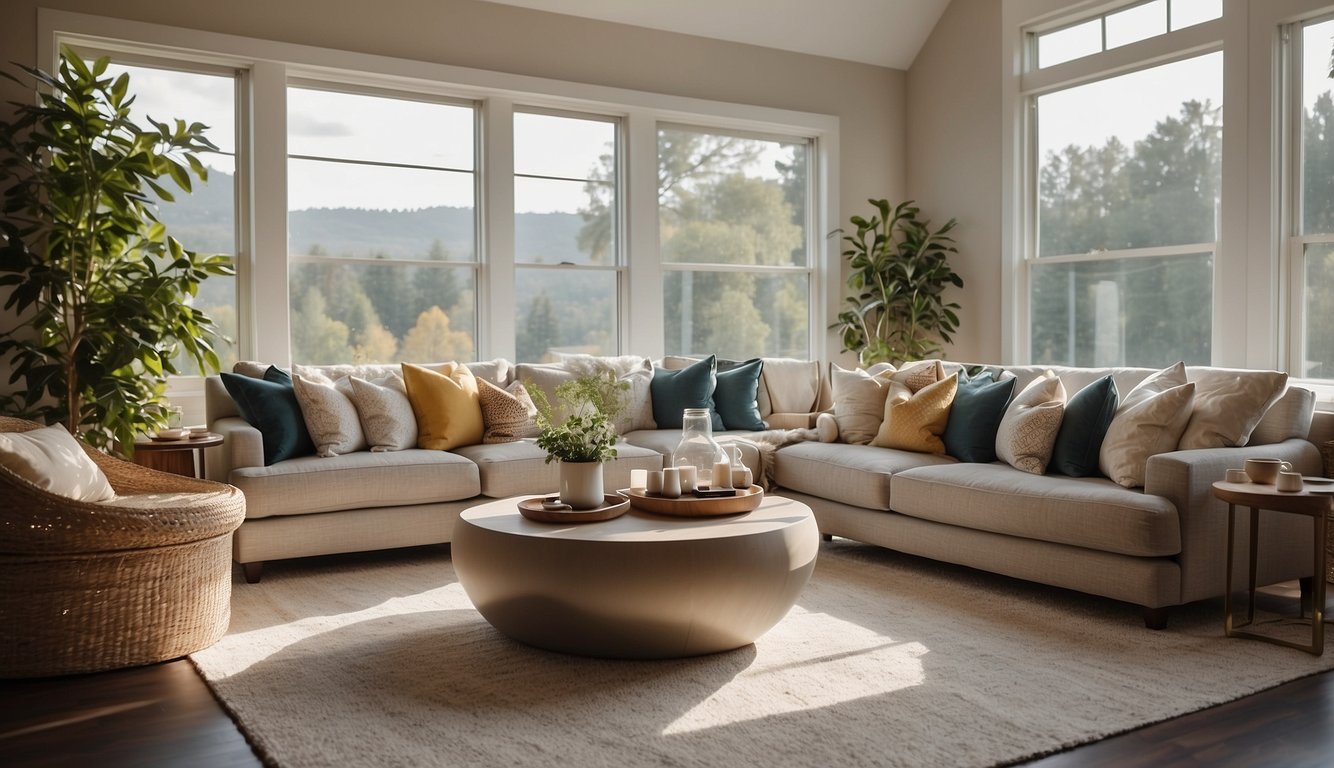 A cozy living room with a modern sofa, a stylish coffee table, and strategically placed accent chairs. The space is open and inviting, with natural light streaming in through large windows