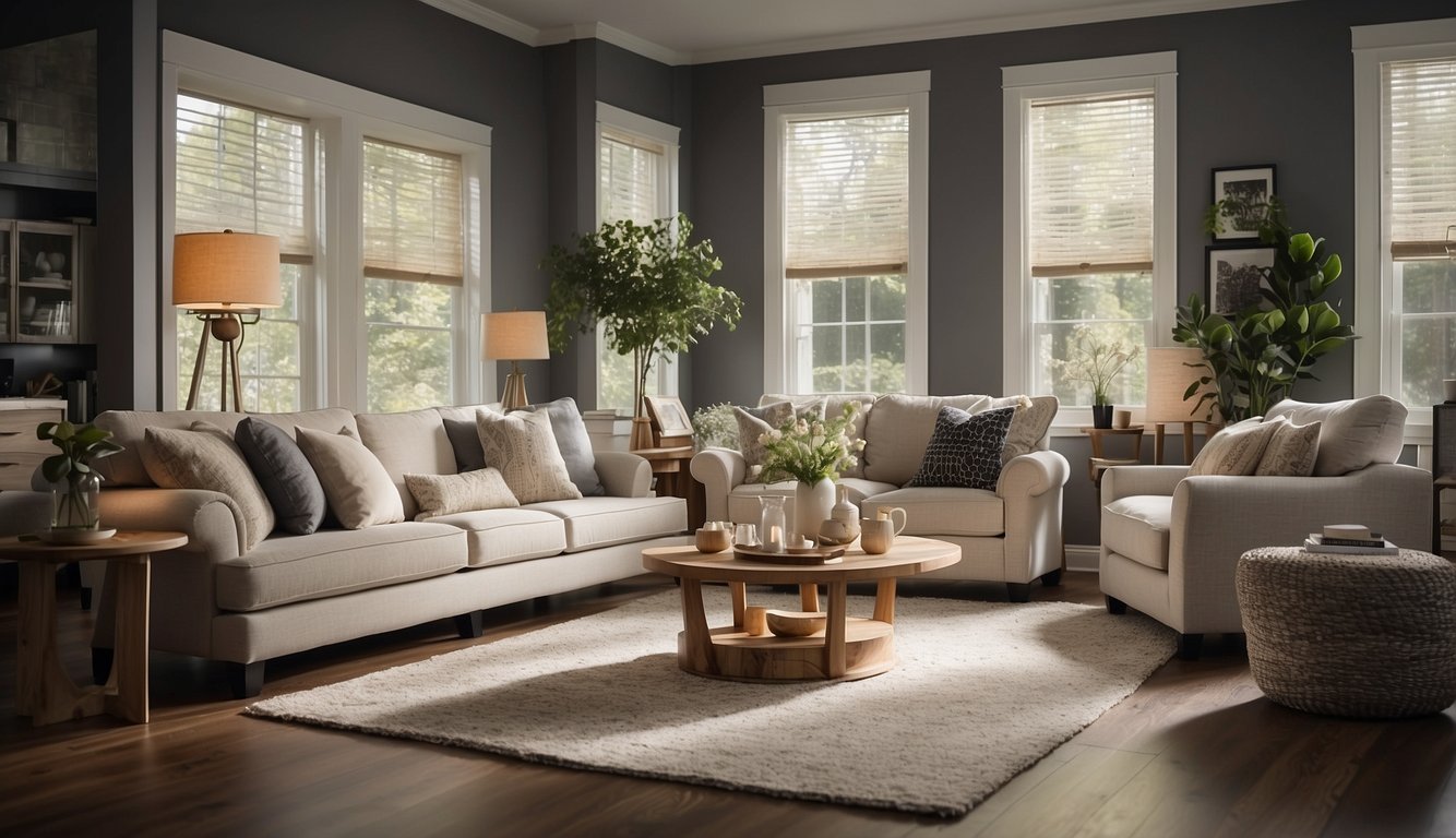 A cozy living room with modern, budget-friendly upgrades: new lighting fixtures, fresh paint, stylish furniture, and decorative accents