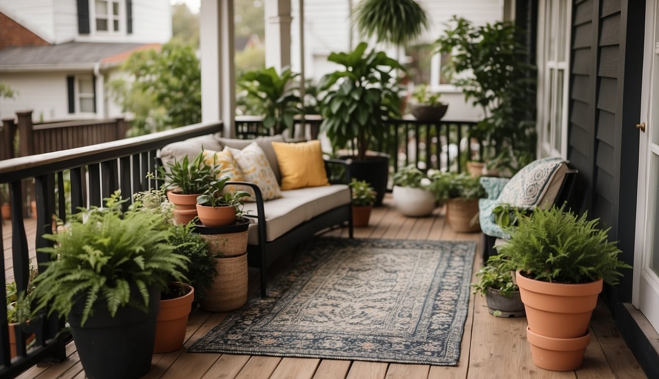 A cozy porch with budget-friendly updates: new potted plants, fresh coat of paint, stylish outdoor rug, and comfortable seating