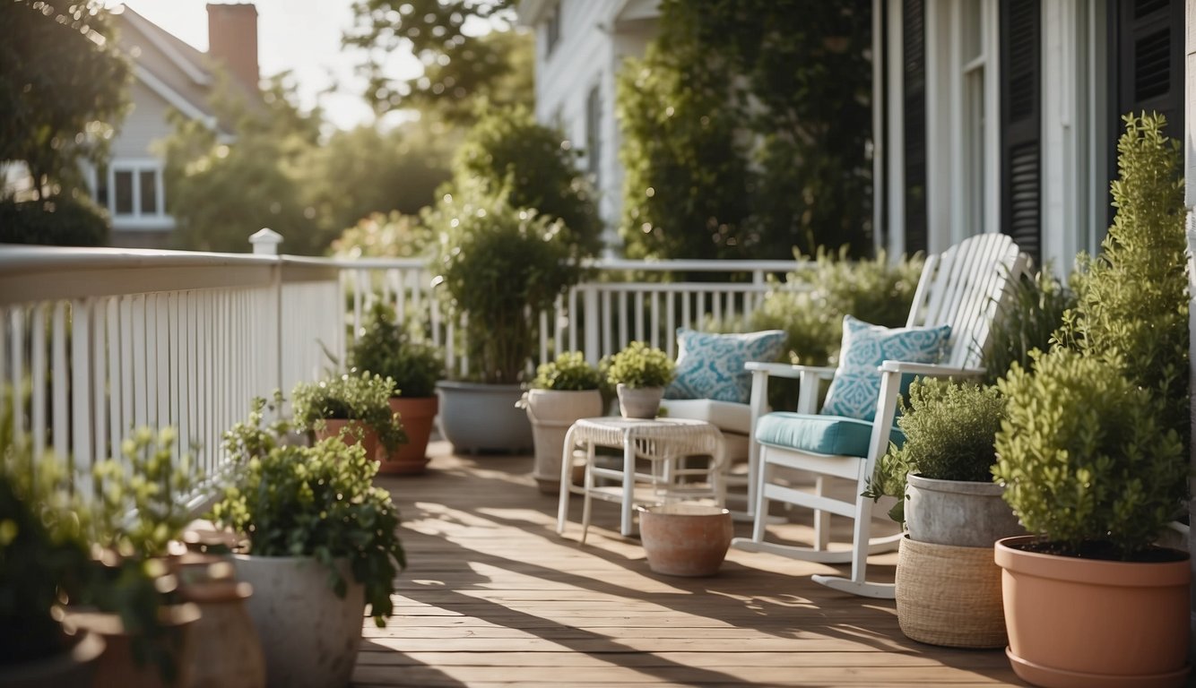 A porch with new potted plants, a fresh coat of paint on the railing, and updated outdoor furniture