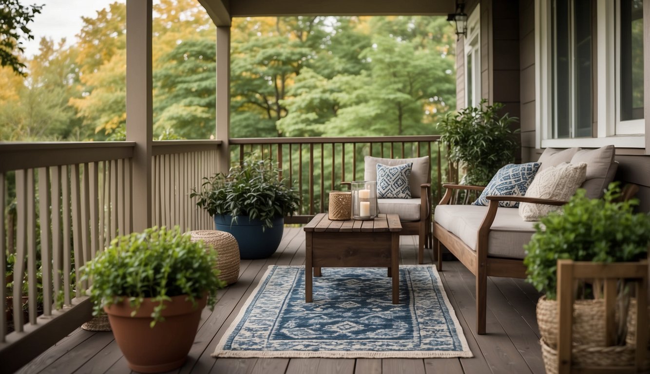 A porch with new comfortable seating, outdoor rugs, and functional lighting. Plants and decorative accents add warmth and style