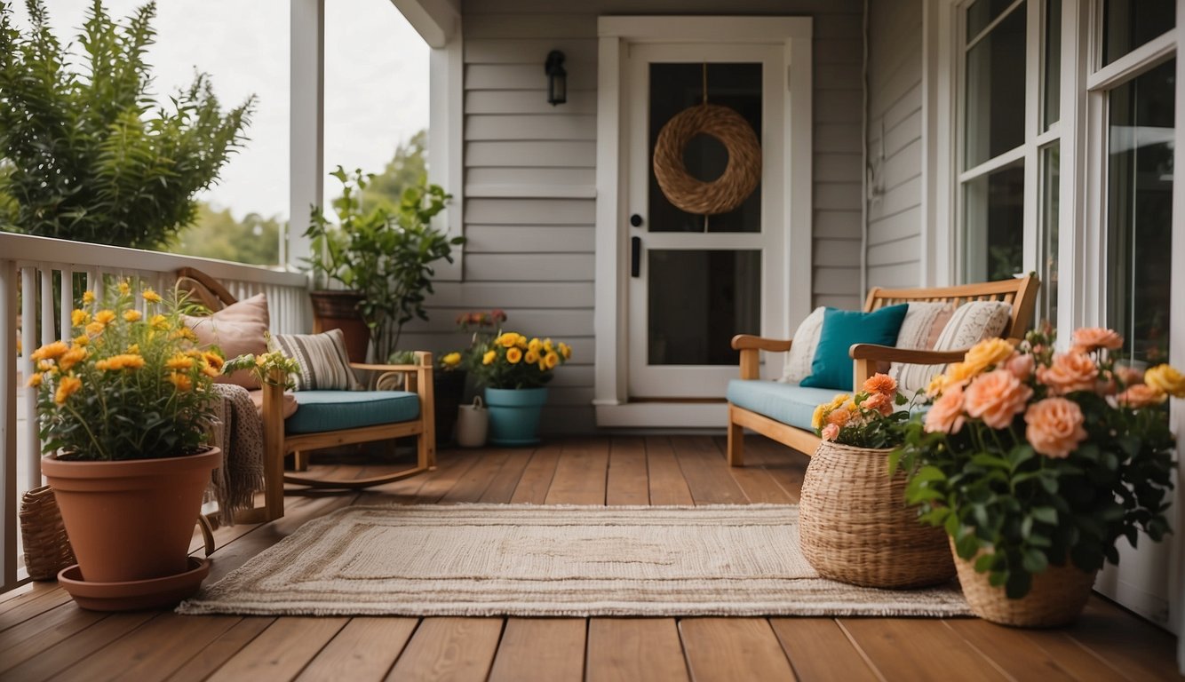 A cozy porch with potted plants, colorful throw pillows, and a welcoming doormat. A small table with a vase of fresh flowers and string lights overhead create a warm and inviting atmosphere
