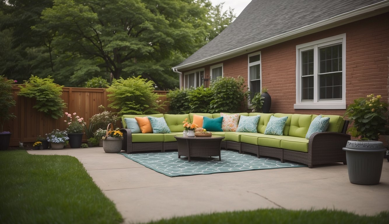 A suburban home with a lush green lawn, a patio set with colorful cushions, and a neatly organized garage with tools and supplies for summer maintenance