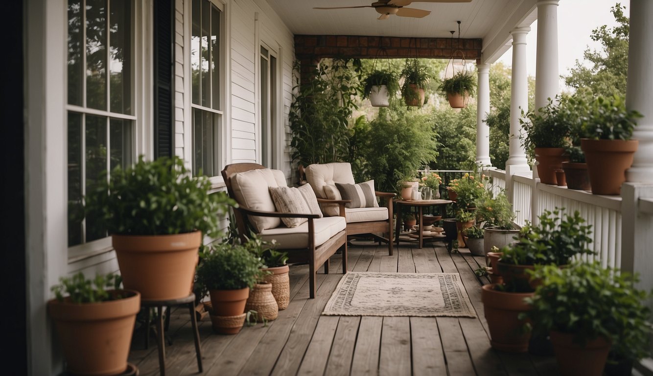 A porch with potted plants, cozy seating, and decorative lighting. A DIY project in progress, with tools and materials nearby