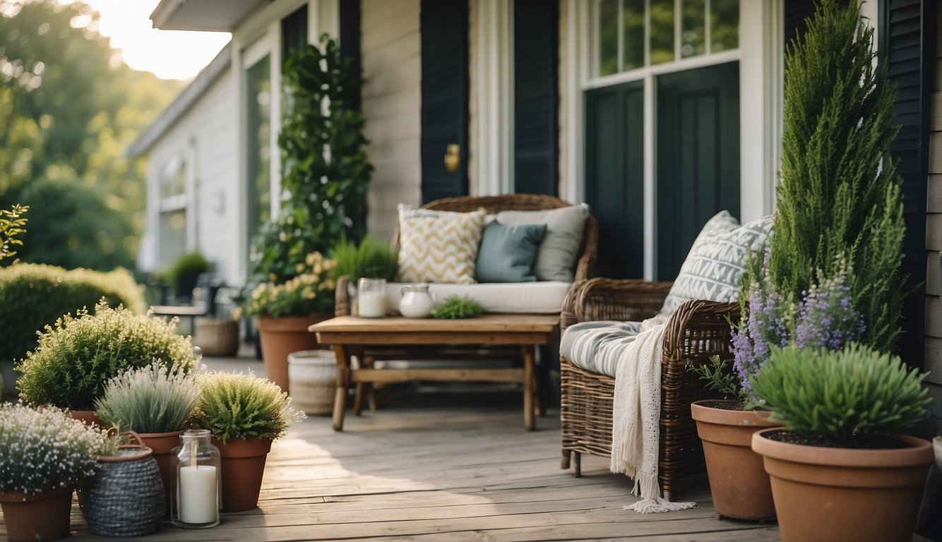 A porch adorned with potted plants, cozy cushions, and budget-friendly seasonal decor. A broom and cleaning supplies sit nearby, ready for maintenance
