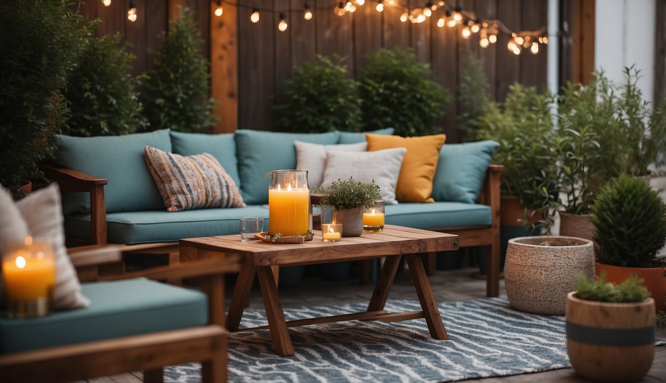 A cozy patio with new potted plants, string lights, and colorful outdoor pillows on budget-friendly furniture. A small table set with drinks and snacks