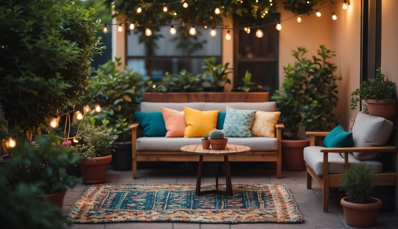 A patio with potted plants, string lights, and cozy seating. A small table with colorful cushions and a budget-friendly rug