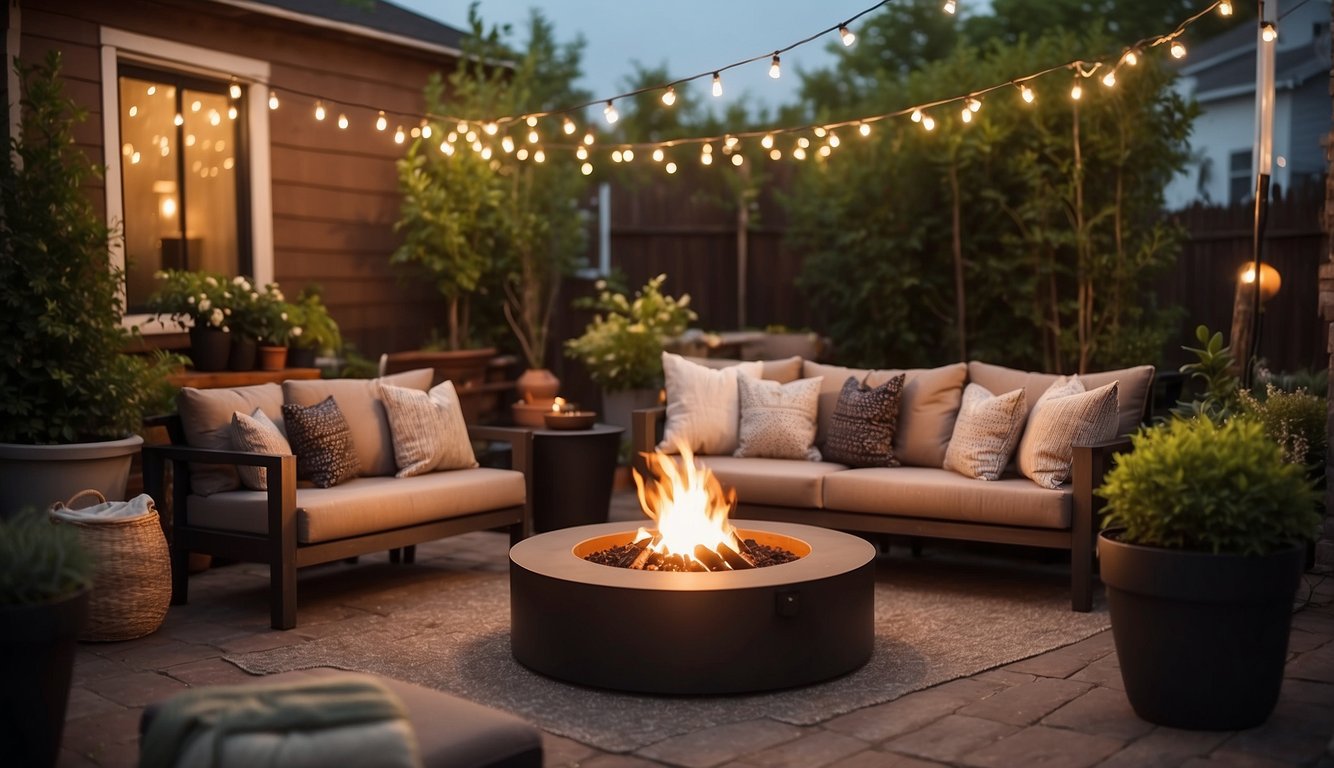 A cozy outdoor patio with budget-friendly updates: potted plants, string lights, comfortable seating, and a small fire pit for evening gatherings