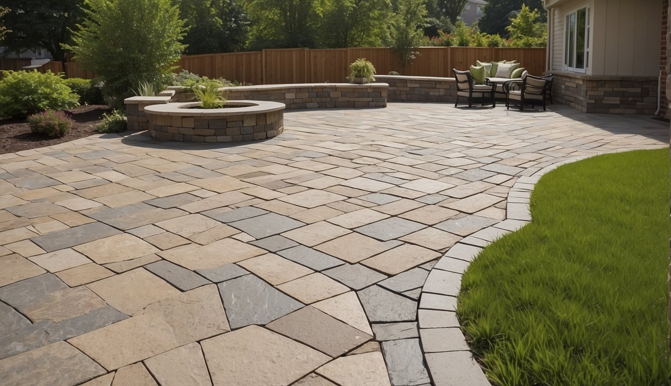 A patio with worn-out surfaces being transformed with budget-friendly updates. New pavers or concrete overlay are being installed, adding a fresh and modern look to the outdoor space