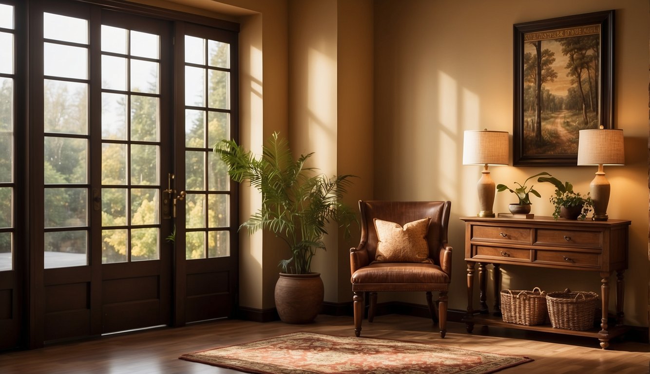 A warm, soft light cascades through the entryway, casting a gentle glow on the earthy tones of the walls and furniture. Rich, inviting colors create a welcoming atmosphere, while pops of vibrant hues add a touch of personality