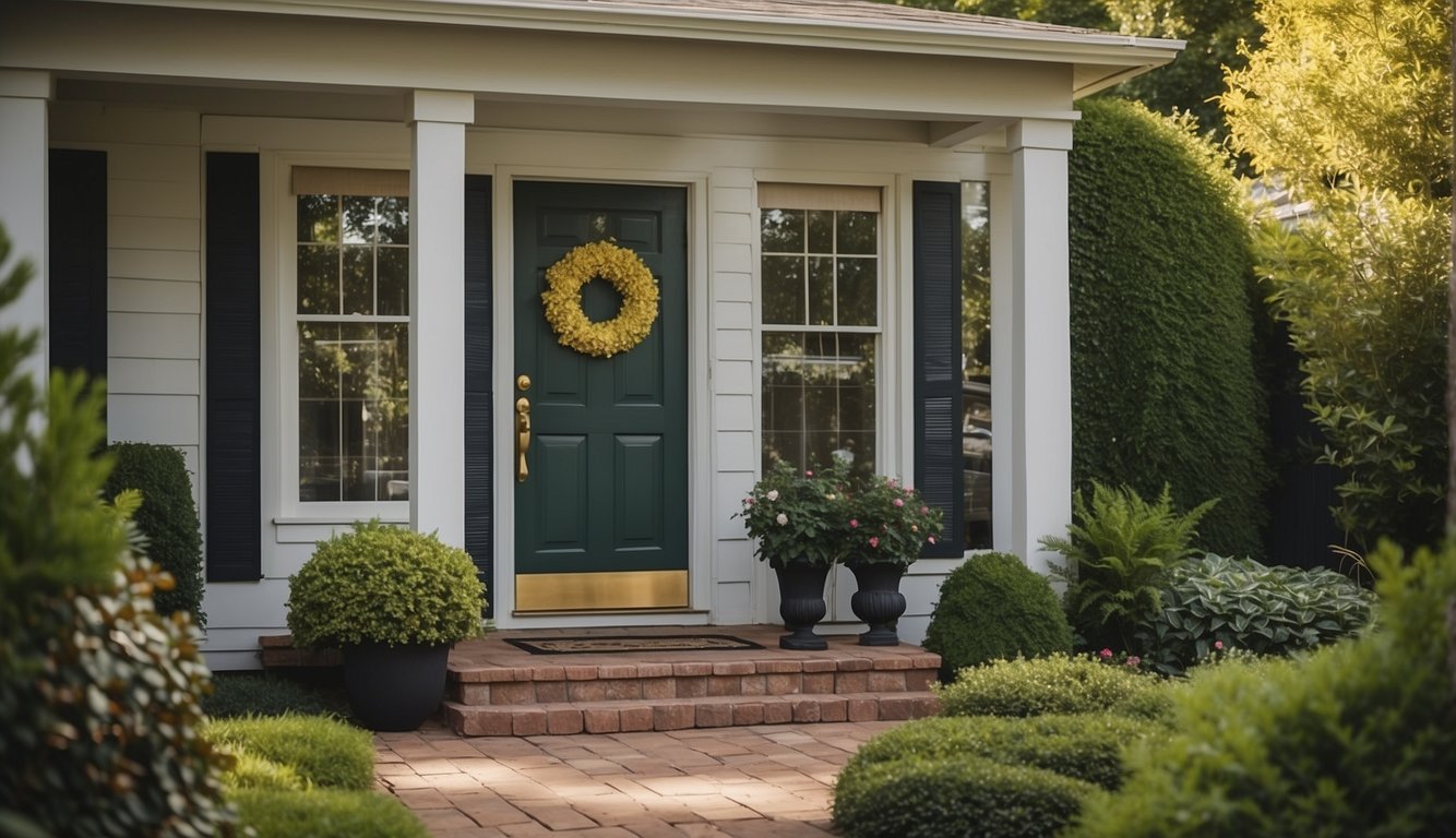 A lush garden surrounds the entryway, with freshly painted trim and a new welcome mat. The front door is adorned with a decorative wreath, creating an inviting and budget-friendly curb appeal