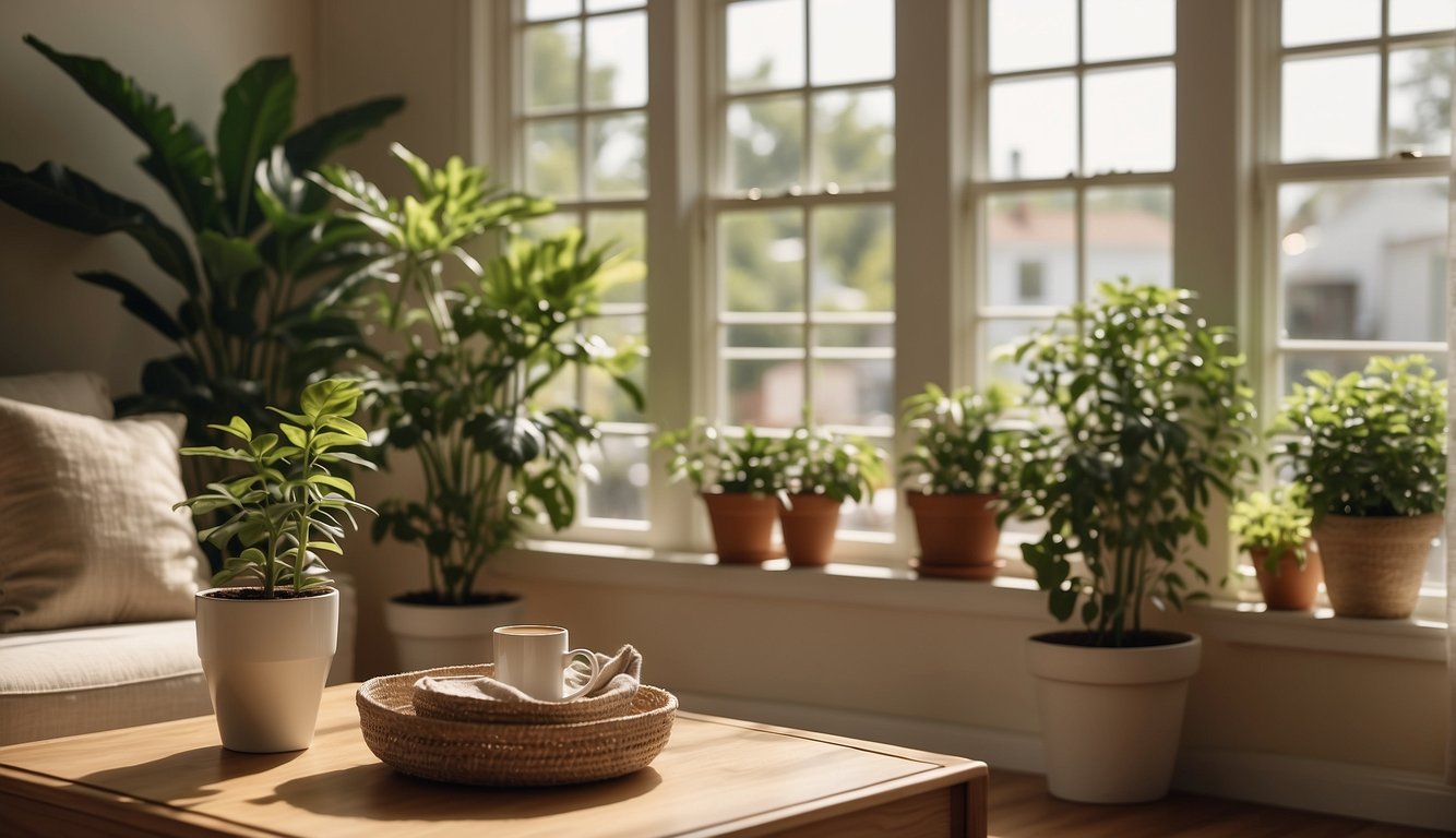 A sunny living room with open windows, a ceiling fan spinning, and potted plants on the windowsill. A checklist on the coffee table with items like "change AC filter" and "stock up on sunscreen."