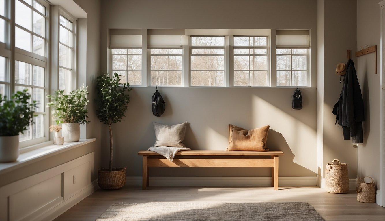 A welcoming entryway with a handmade bench, wall-mounted hooks for coats, and a DIY artwork display. Bright, natural light streams in through a window, illuminating the space