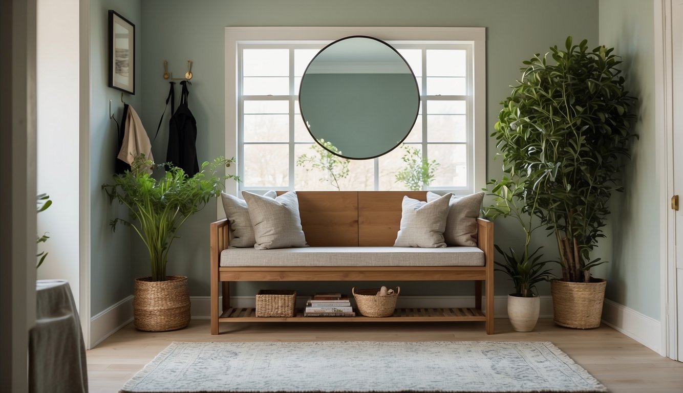 A welcoming entryway with a new coat of paint, a stylish area rug, and a statement mirror. A bench with storage and decorative hooks for organization. Bright lighting and potted plants for a fresh touch