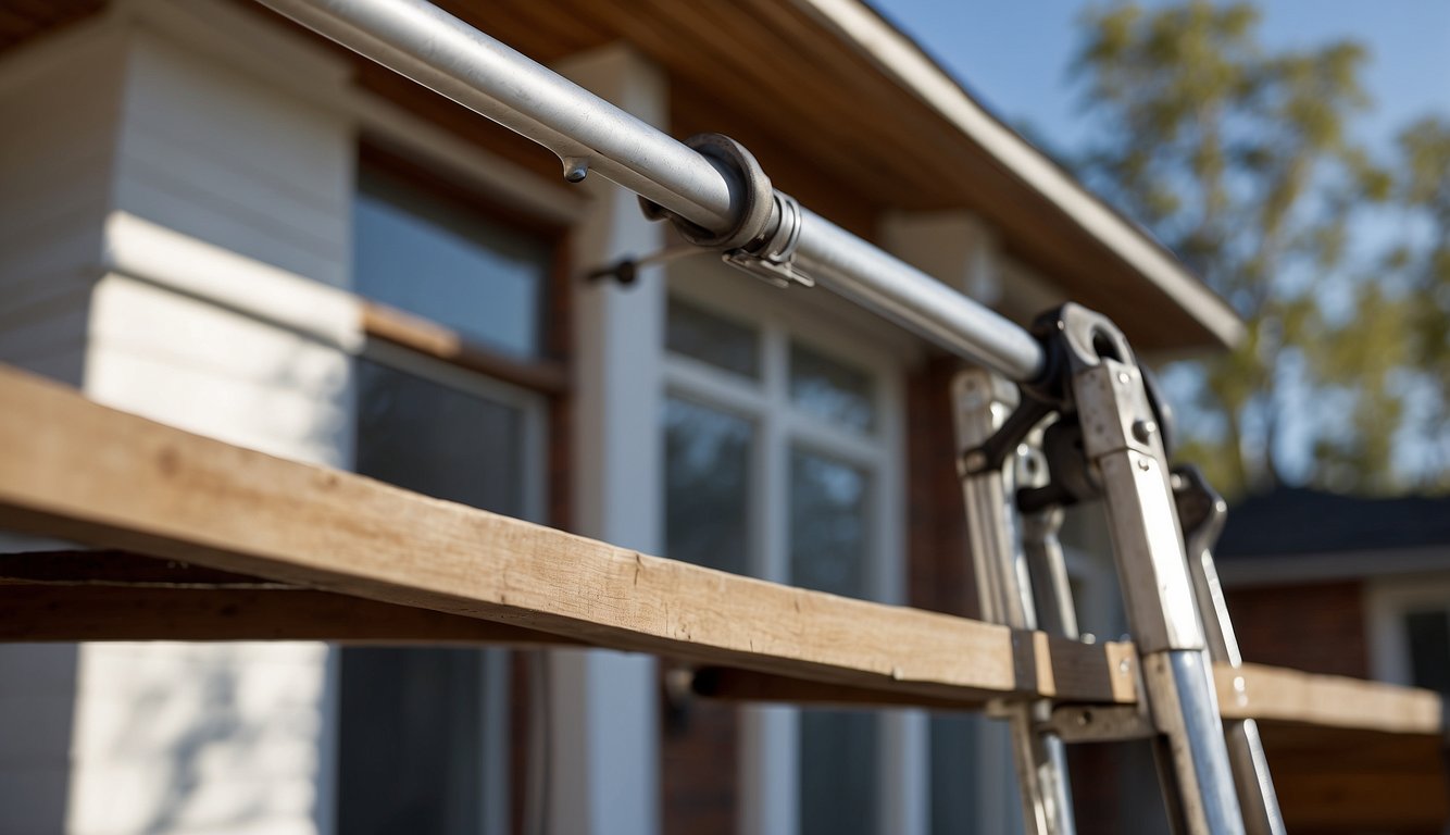 A ladder leans against a house, a caulking gun in hand. The gutters are clean, and the individual is applying a smooth, even line of caulk to seal any gaps