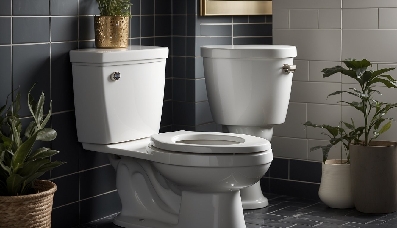 A toilet with the Kohler Memoirs brand is shown with water flushing and filling, while a troubleshooting guide hovers nearby