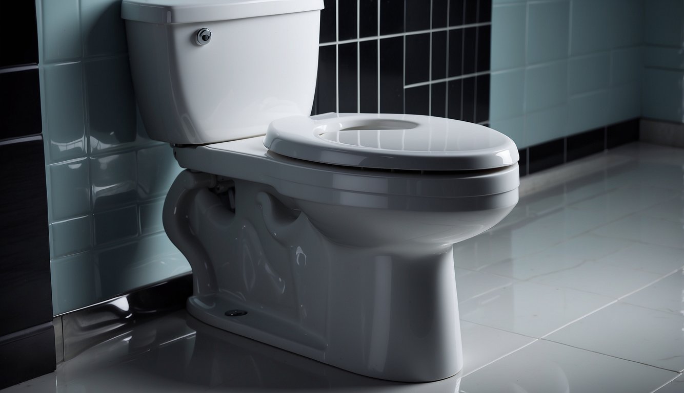 A Kohler Wellworth toilet with water leaking from the base, and the water level dropping. The flushing and filling mechanisms are highlighted for troubleshooting