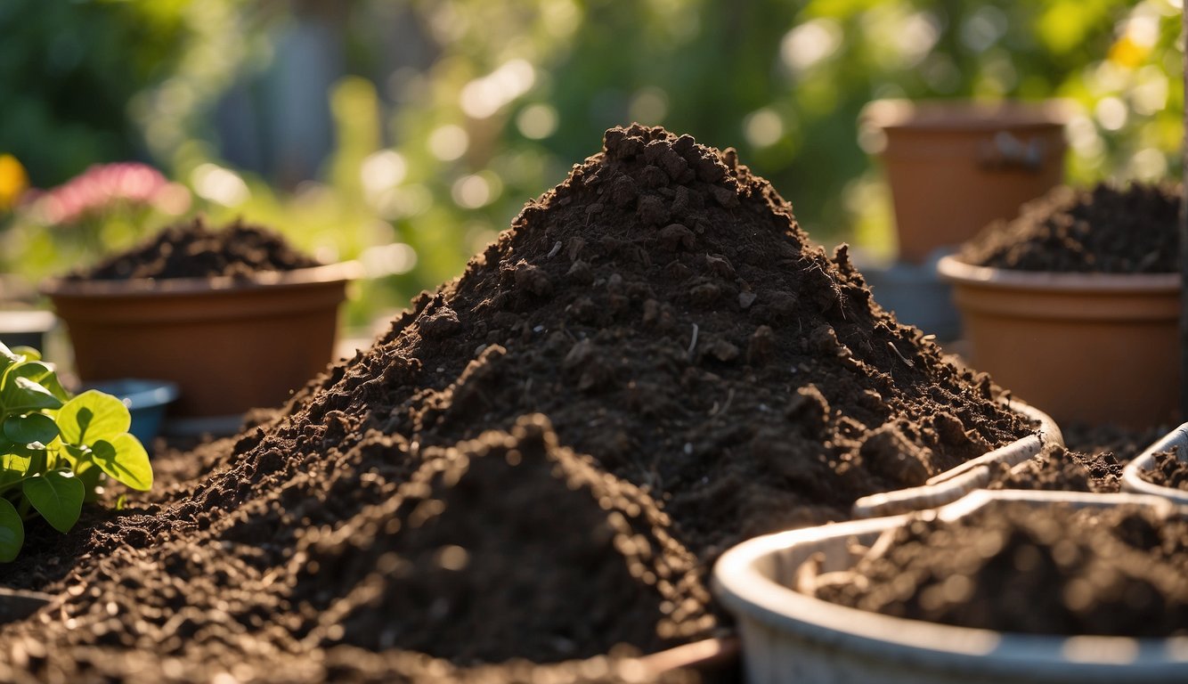 Rich soil and compost piles in a backyard garden. Tools and containers for gardening are neatly organized nearby. The sun is shining, and birds are chirping in the distance