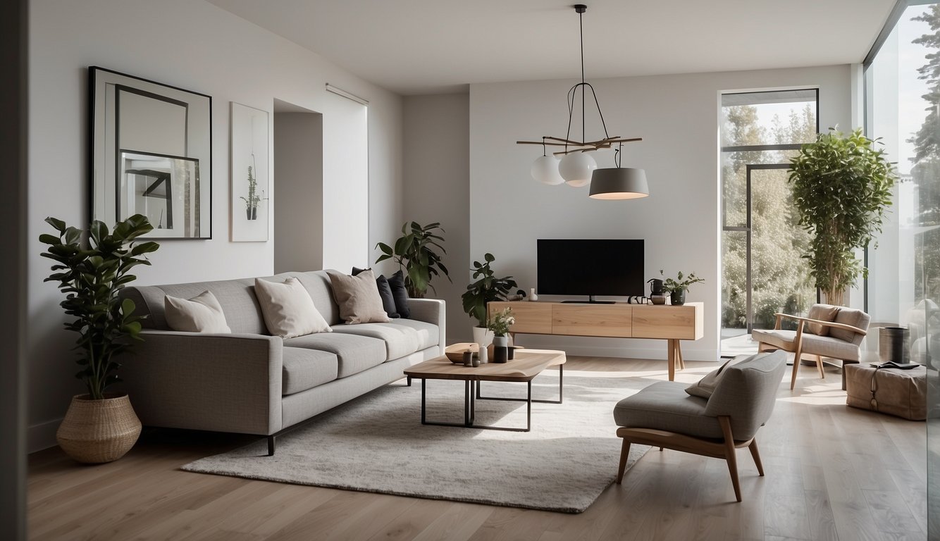 A serene, uncluttered living space with clean lines, neutral colors, and minimal furniture. A clutter-free environment with simple decor and unobstructed spaces