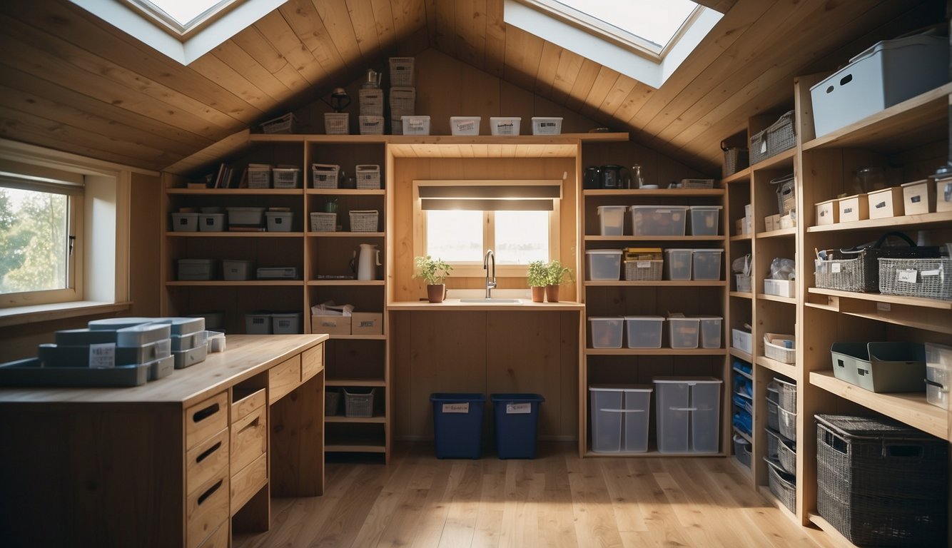 An attic transformed into a functional space with shelves, bins, and hanging organizers. Items are neatly stored and labeled, maximizing the use of the space