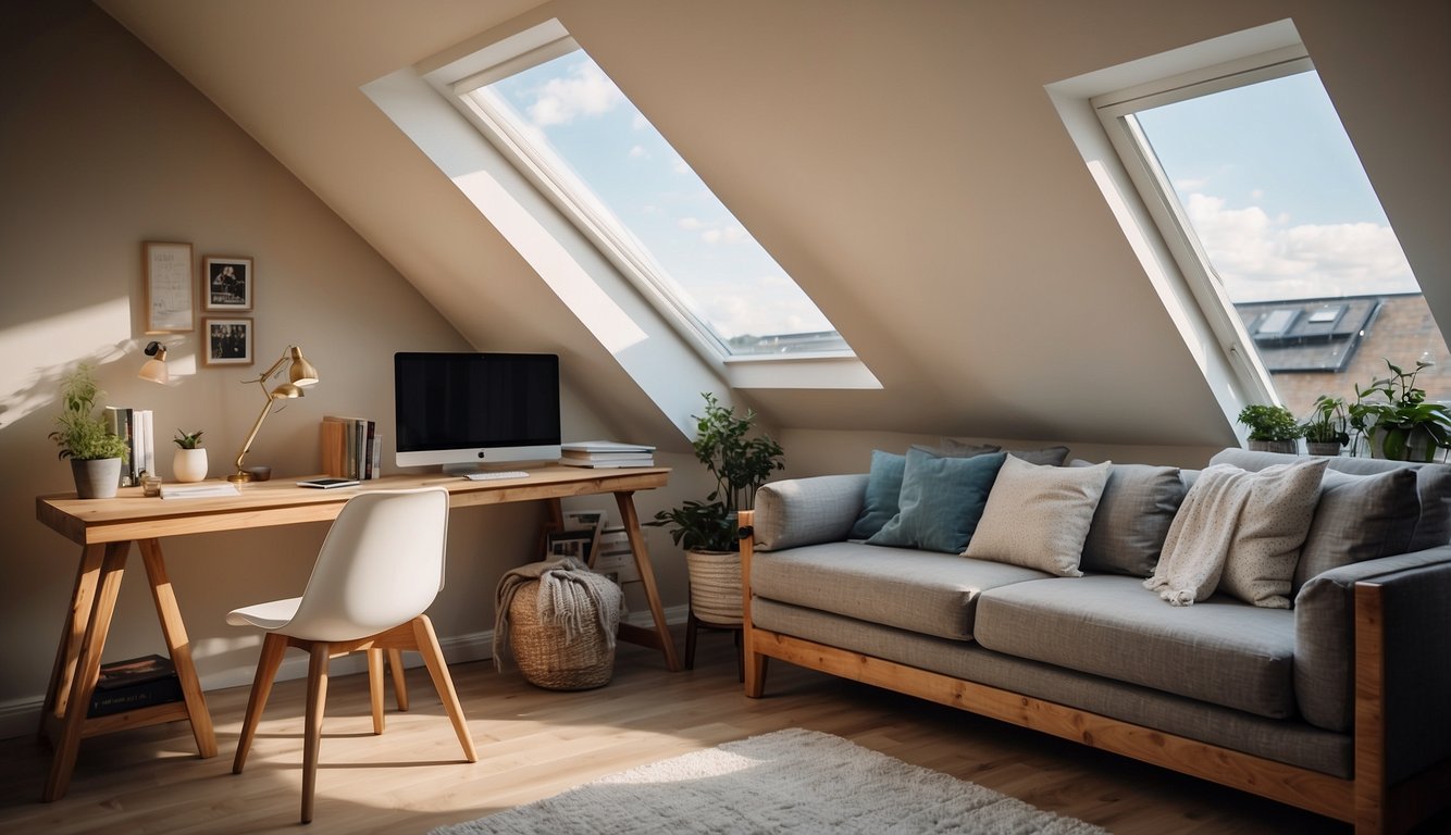 An attic with stylish storage solutions, cozy reading nook, and natural light streaming in through a skylight. A desk area with a view and a comfortable seating area for relaxation
