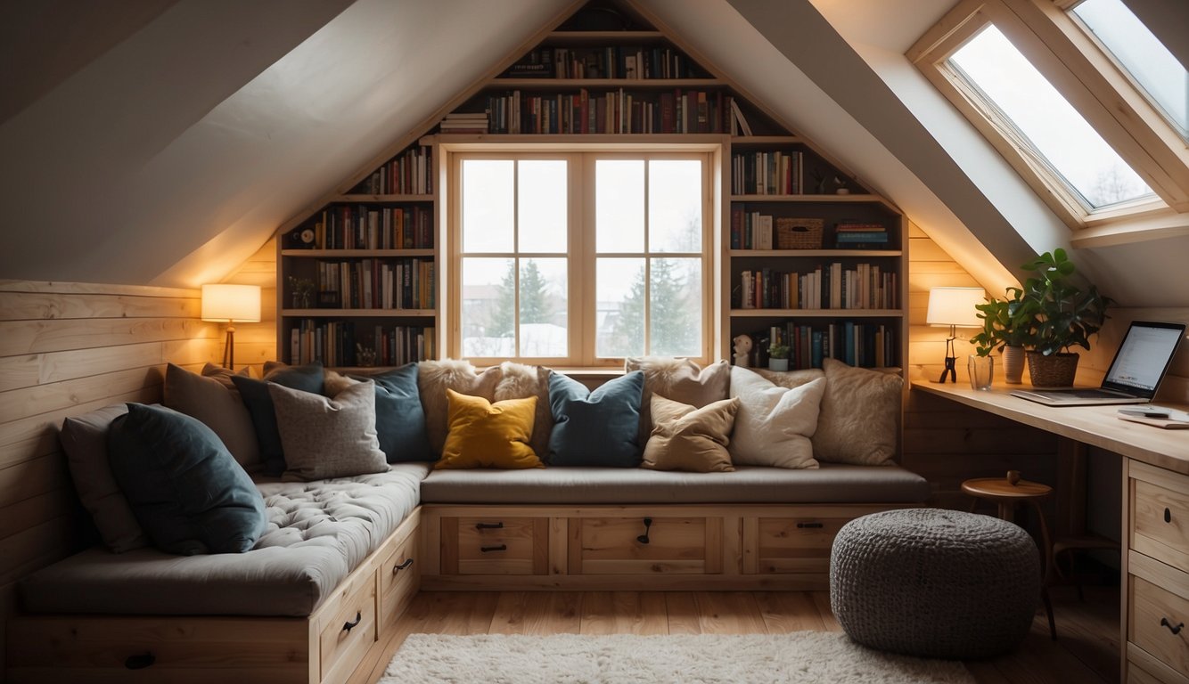 An attic transformed into a cozy reading nook with a built-in bookshelf, plush seating, and soft lighting. A desk area with a view and storage solutions make the space both functional and inviting