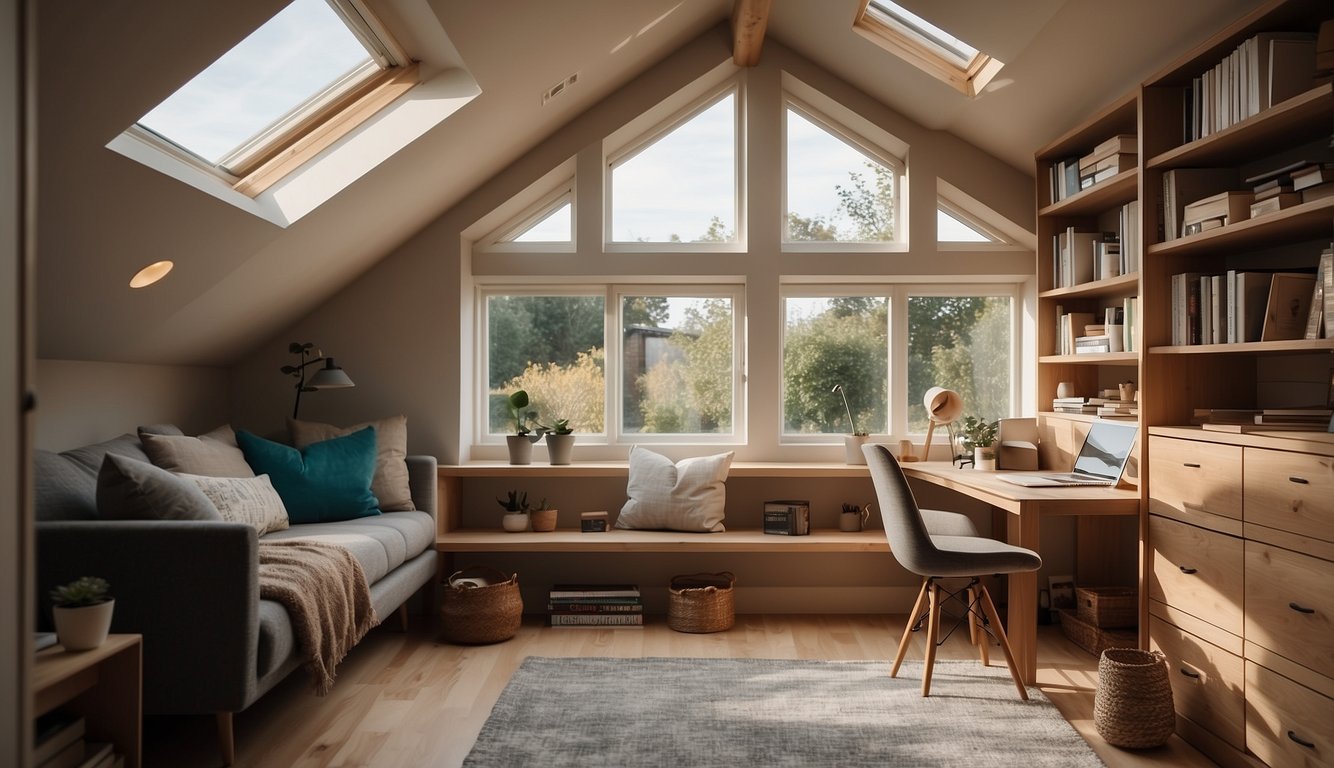 An attic room with a cozy reading nook, built-in storage, and a skylight for natural light. A desk with a view and a small sitting area complete the functional and inviting space