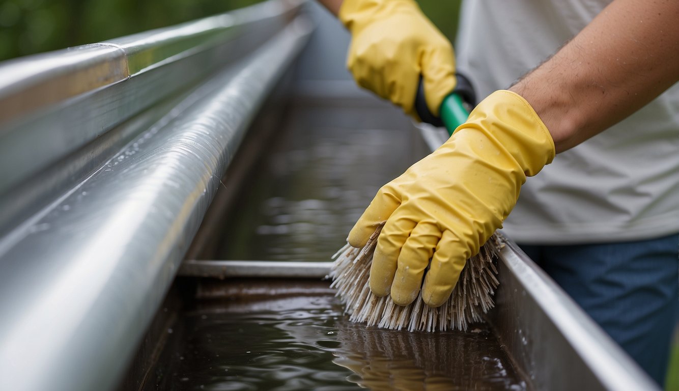 Aluminum gutters with tiger stripes being cleaned with a scrub brush and soapy water