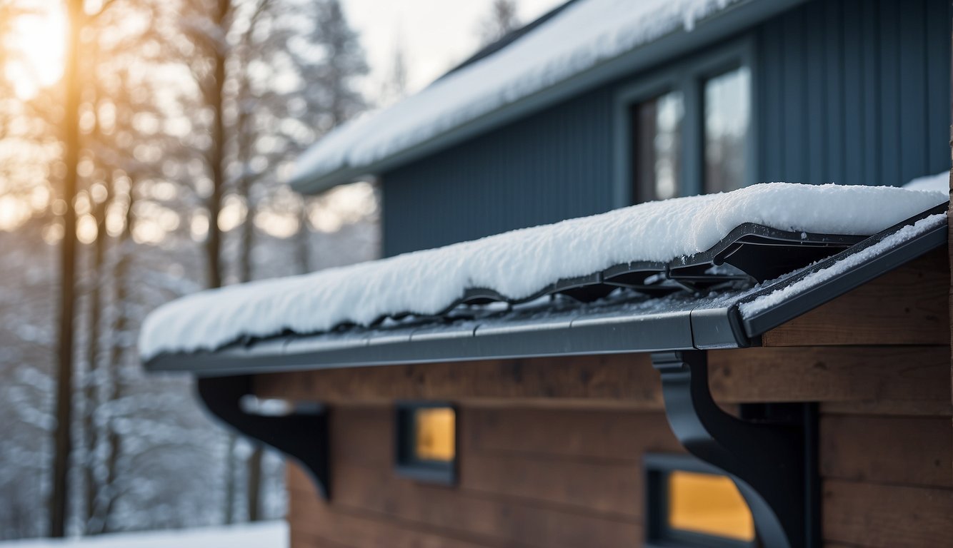 A house with insulated gutter guards and heat cables to prevent freezing. Snow melting off the roof