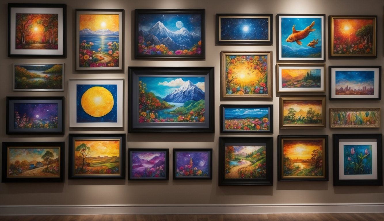 Colorful children's artwork displayed on a gallery wall, with shelves and frames showcasing their masterpieces in a fun and creative manner