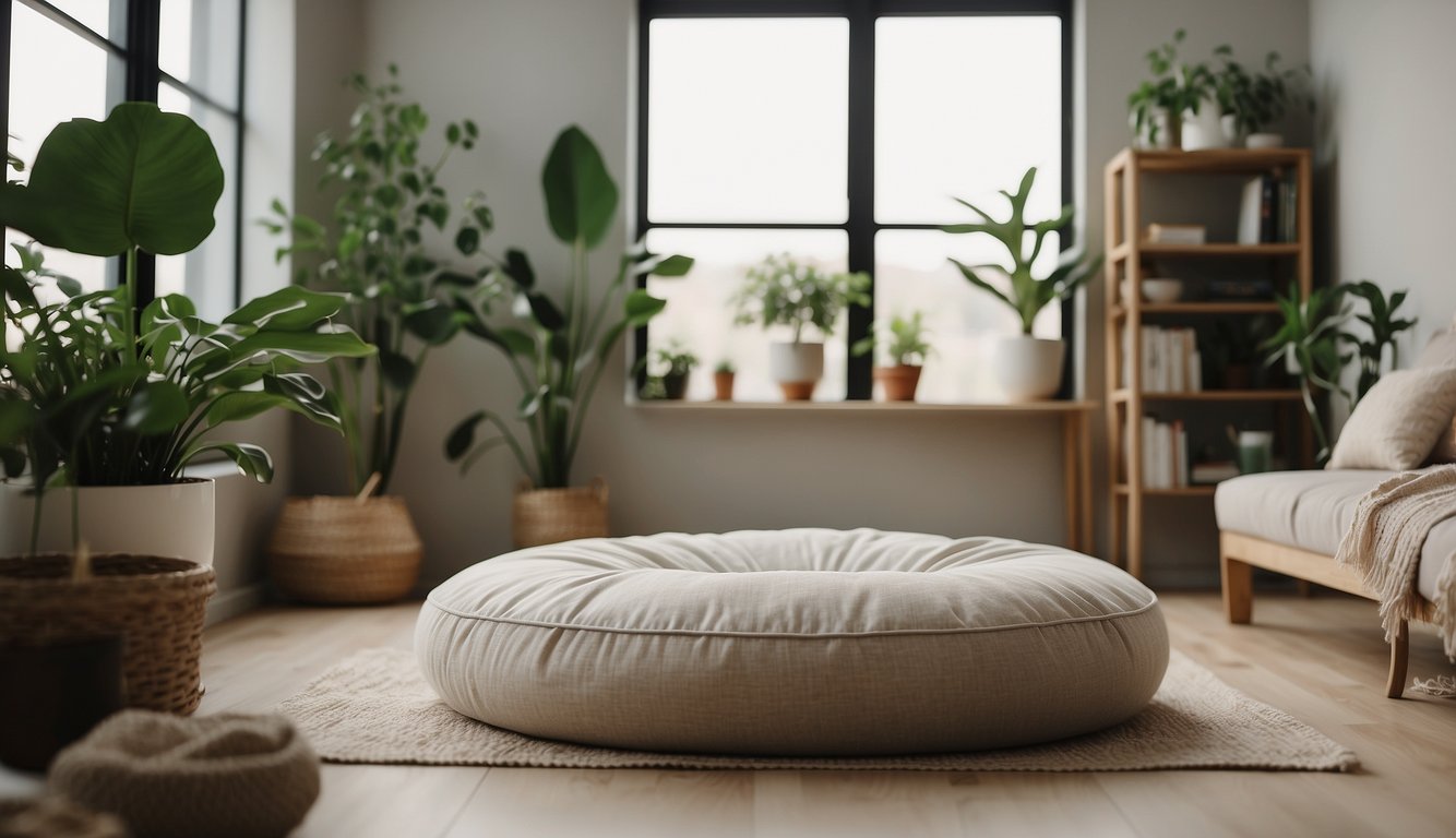 A room with natural light, plants, and a minimalist design. A soft, neutral color palette with cozy textiles and a comfortable meditation cushion