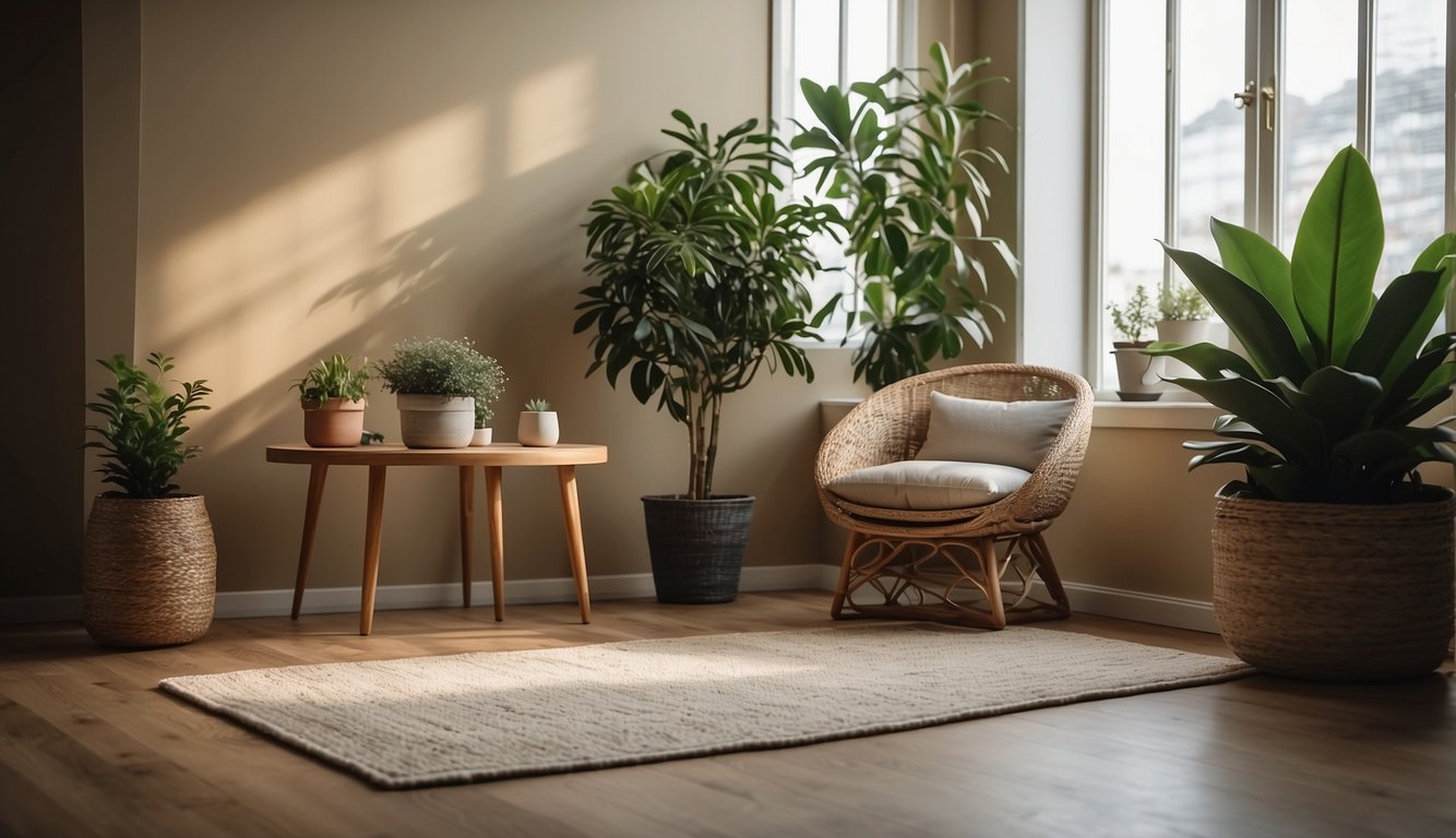 A cozy corner with a cushioned mat, soft lighting, and a small table with a potted plant. A serene atmosphere with minimal clutter and calming colors