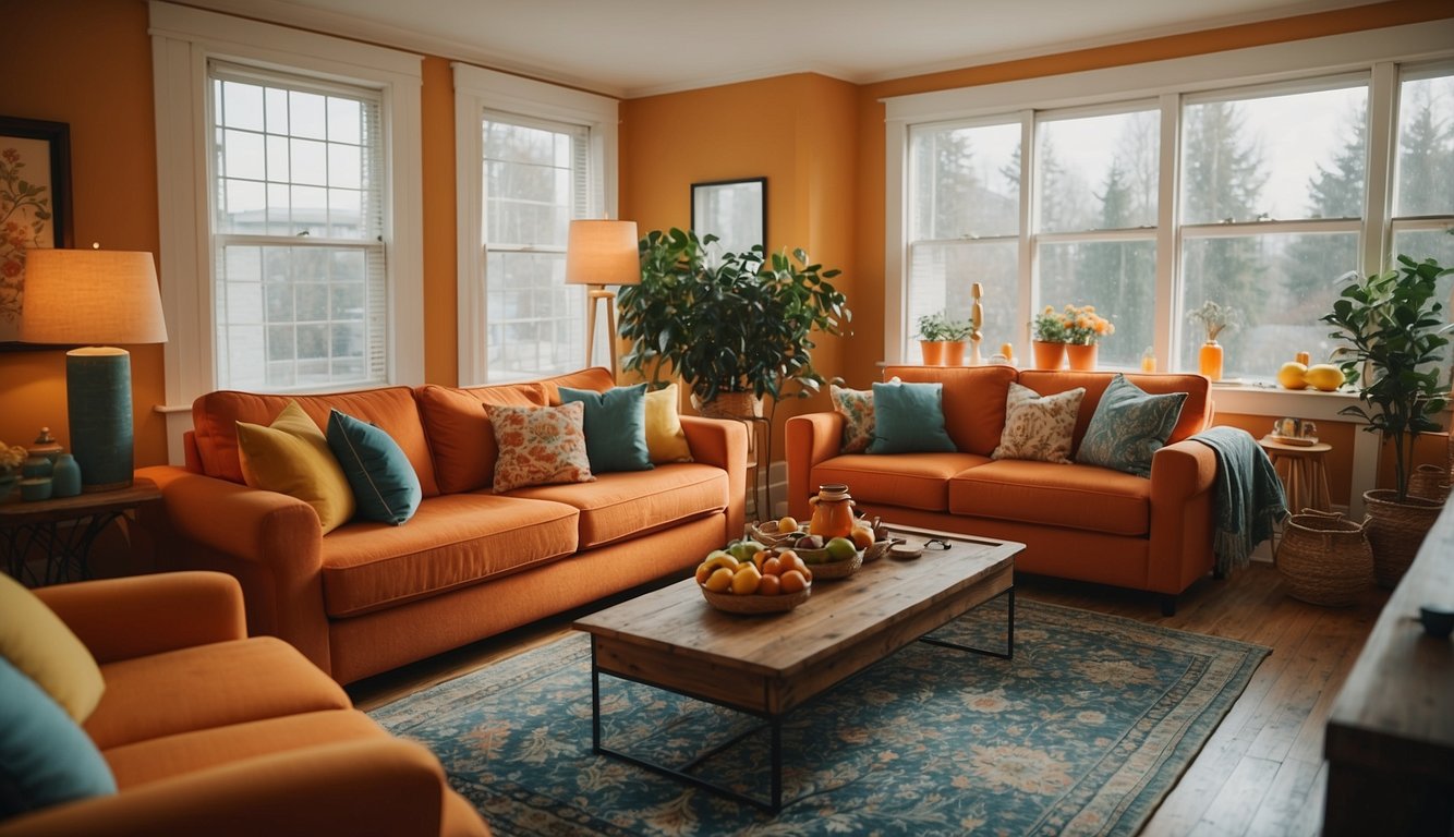 A living room with warm, inviting colors like red and orange. A bedroom with calming blues and greens. A kitchen with energizing yellows and oranges